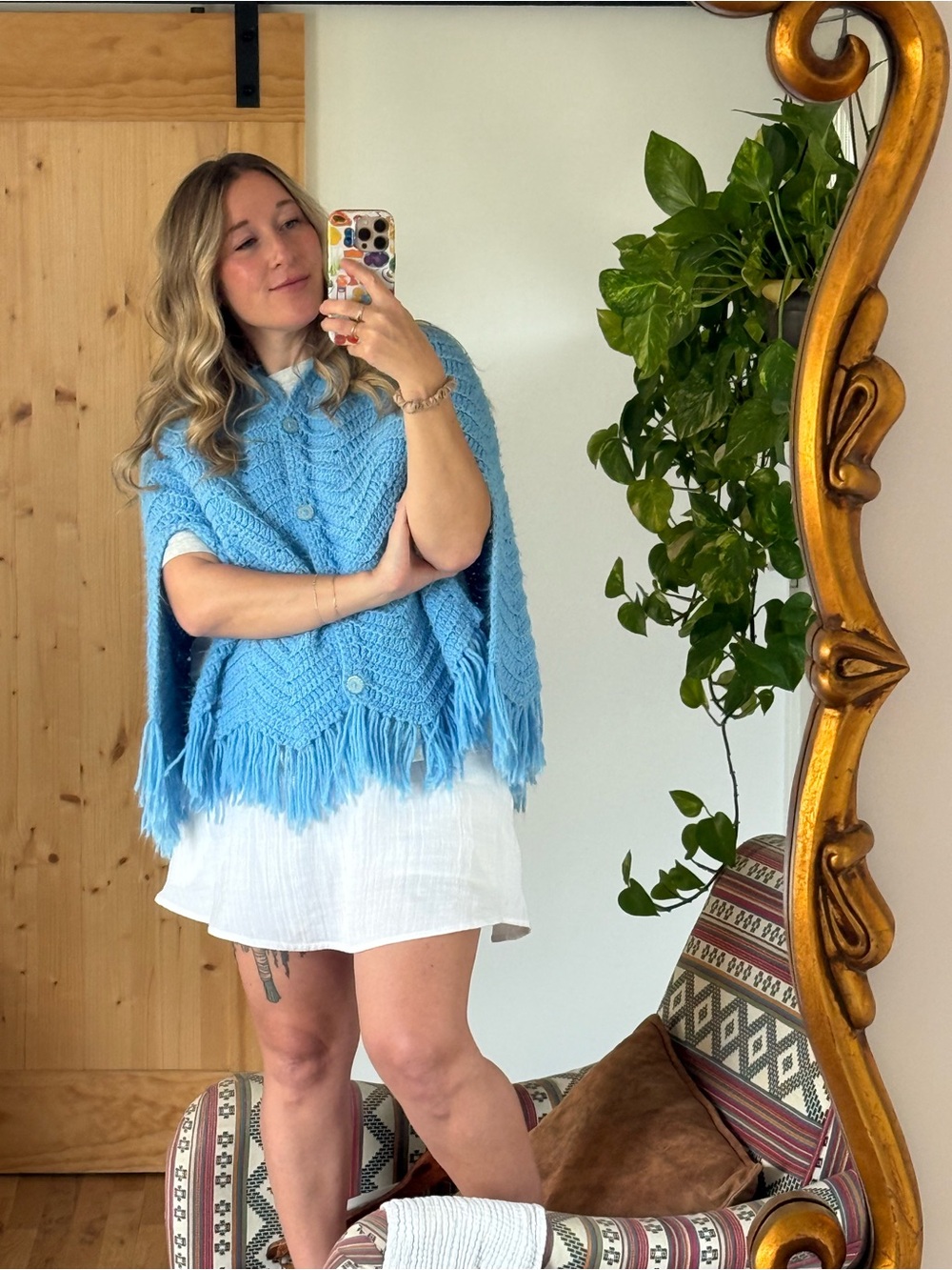 Handmade Baby Blue Knit Shawl Button-Up Sweater